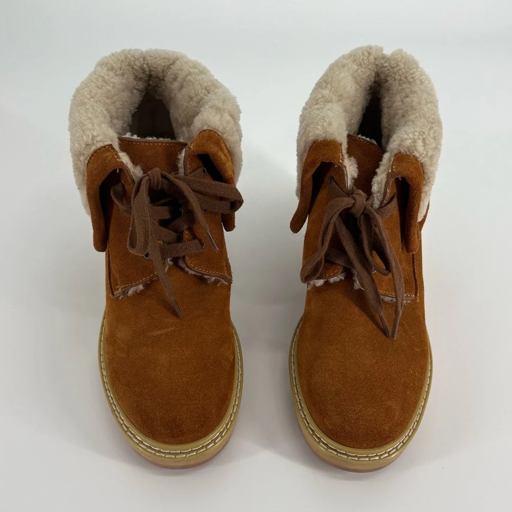 See By Chloe Shearling-Trimmed Suede Wedge Ankle Boots